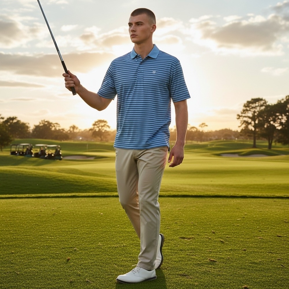 Peter Millar Mens Blue Striped Cotton Short Sleeve Golf Polo Shirt MS16K03S L